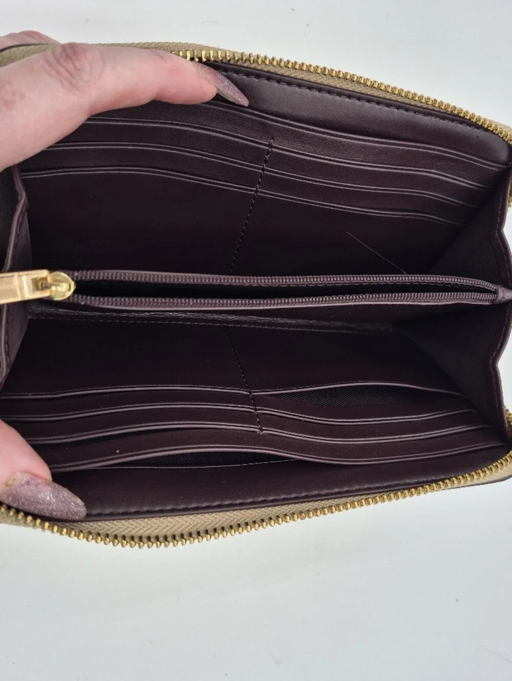 Coach Tan Signature Canvas Zip Wallet with Red Strawberry Accent - Picture 8 of 9